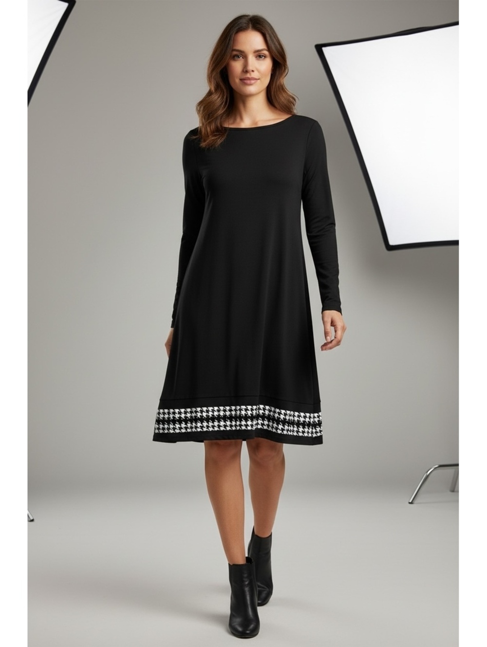 Michael Kors Women's Black Long Sleeve Dress with Houndstooth Hem, Size M